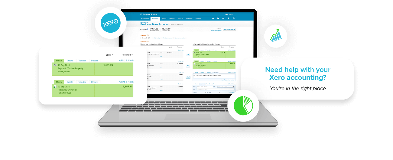 Illustration showing Xero cloud accounting interface and connected finance visuals