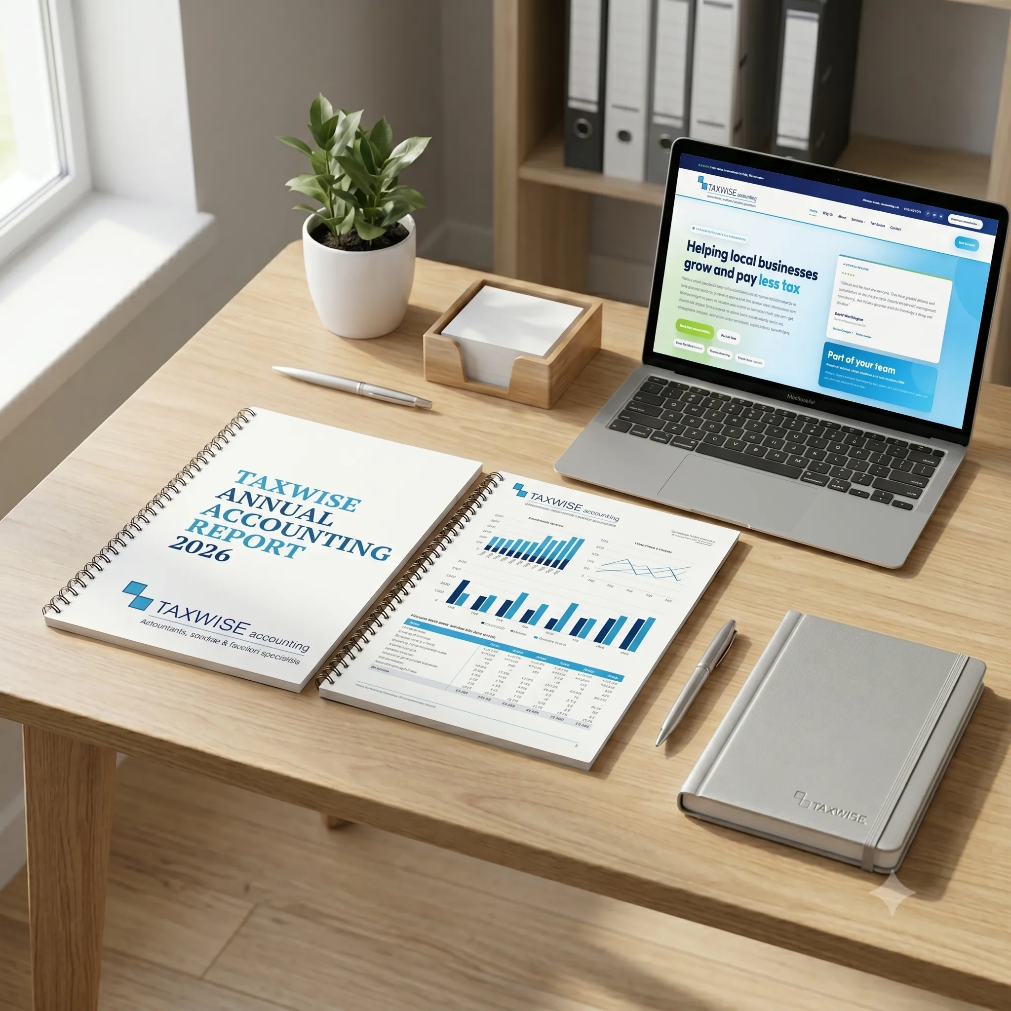 Taxwise annual reporting materials and website shown on a desk workspace